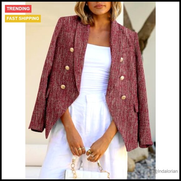 Tweed Blazer Double Breasted Open Front Slim Fit Work Office Casual Chic - Picture 4 of 7